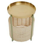 Green Iron Two-Tier Side Table with Gold Finish Iron Top and Natural Cotton Lower Storage, Sabia