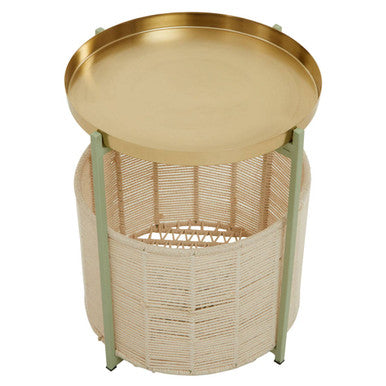 Green Iron Two-Tier Side Table with Gold Finish Iron Top and Natural Cotton Lower Storage, Sabia