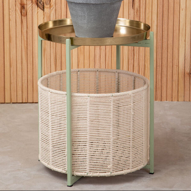 Green Iron Two-Tier Side Table with Gold Finish Iron Top and Natural Cotton Lower Storage, Sabia