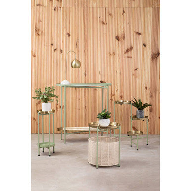 Green Iron Two-Tier Side Table with Gold Finish Iron Top and Natural Cotton Lower Storage, Sabia