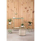 Green Iron Two-Tier Side Table with Gold Finish Iron Top and Natural Cotton Lower Storage, Sabia
