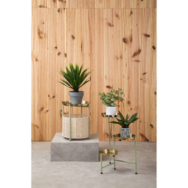 Green Iron Two-Tier Side Table with Gold Finish Iron Top and Natural Cotton Lower Storage, Sabia
