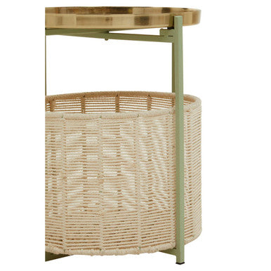 Green Iron Two-Tier Side Table with Gold Finish Iron Top and Natural Cotton Lower Storage, Sabia