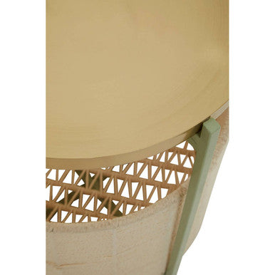 Green Iron Two-Tier Side Table with Gold Finish Iron Top and Natural Cotton Lower Storage, Sabia