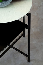 Black and White Ombre Metal Two-Tier Side Table with Circular Top and Rectangular Shelf, Ramus