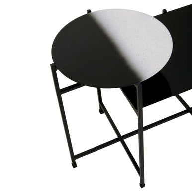 Black and White Ombre Metal Two-Tier Side Table with Circular Top and Rectangular Shelf, Ramus