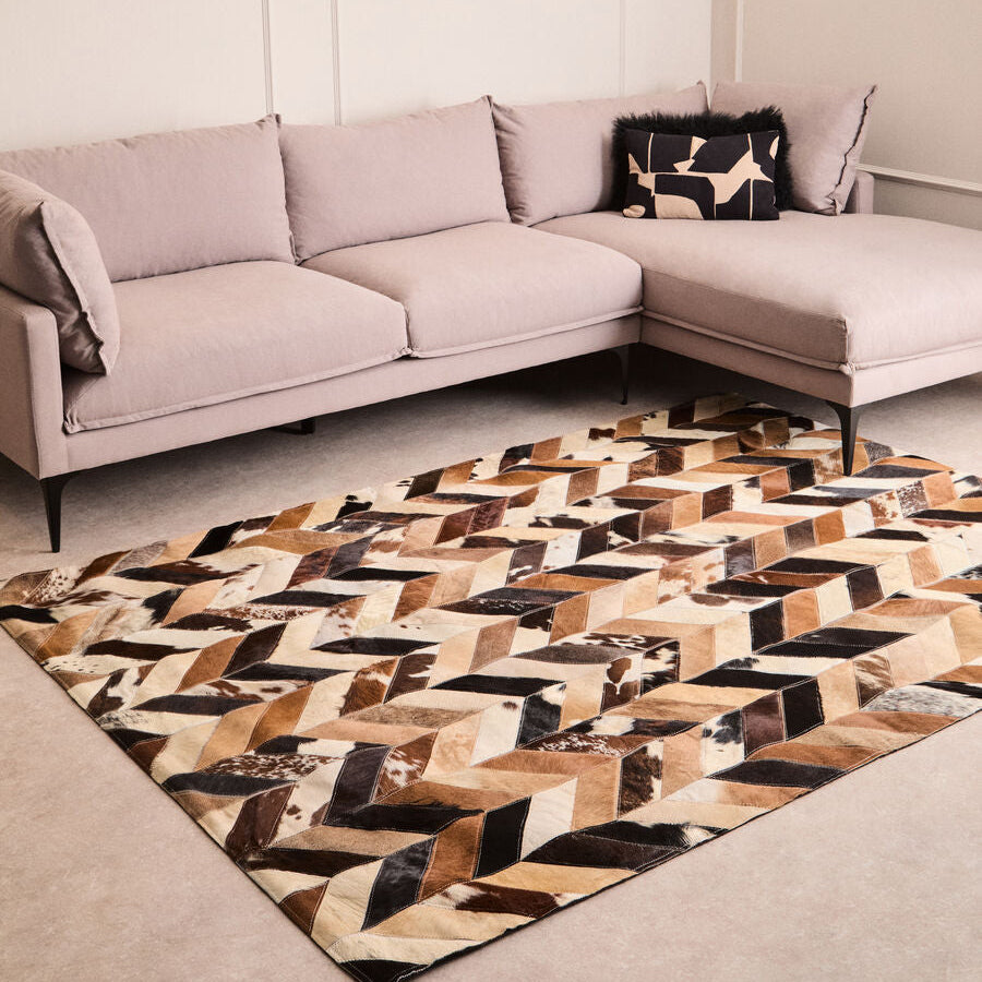 Bosie Large Brown Hair on Leather Chevron Patchwork Rug | Safira