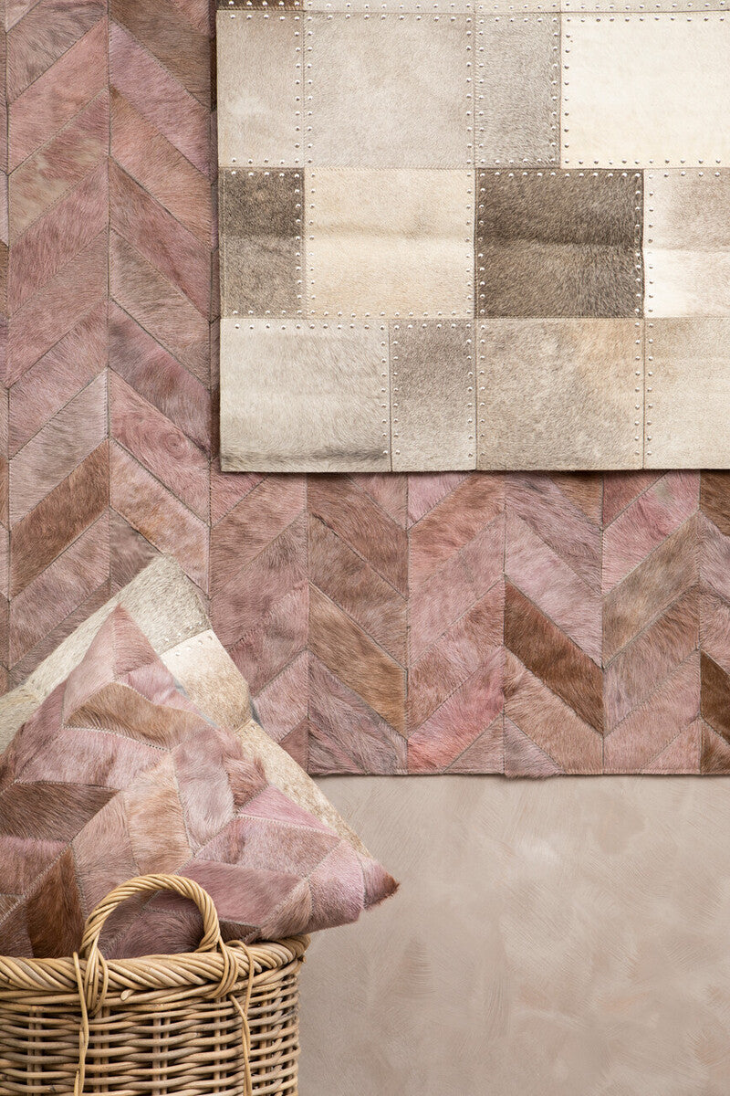 Bosie Large Grey Hair on Leather Chevron Patchwork Rug | Safira