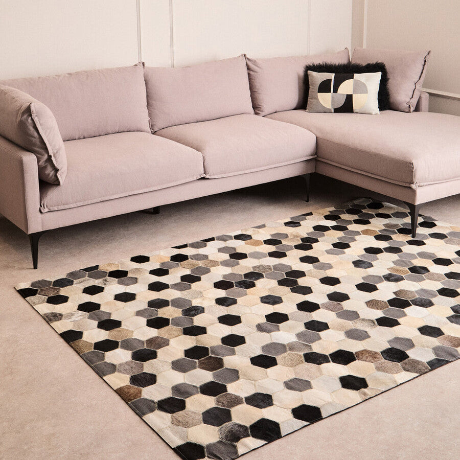 Bosie Large Hair on Leather Hexagon Patchwork Rug | Safira