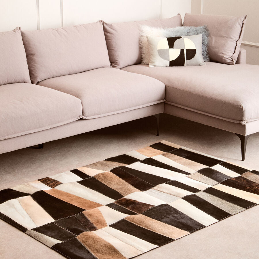 Bosie Safira Small Geometric Striped Hair on Leather Patchwork Rug