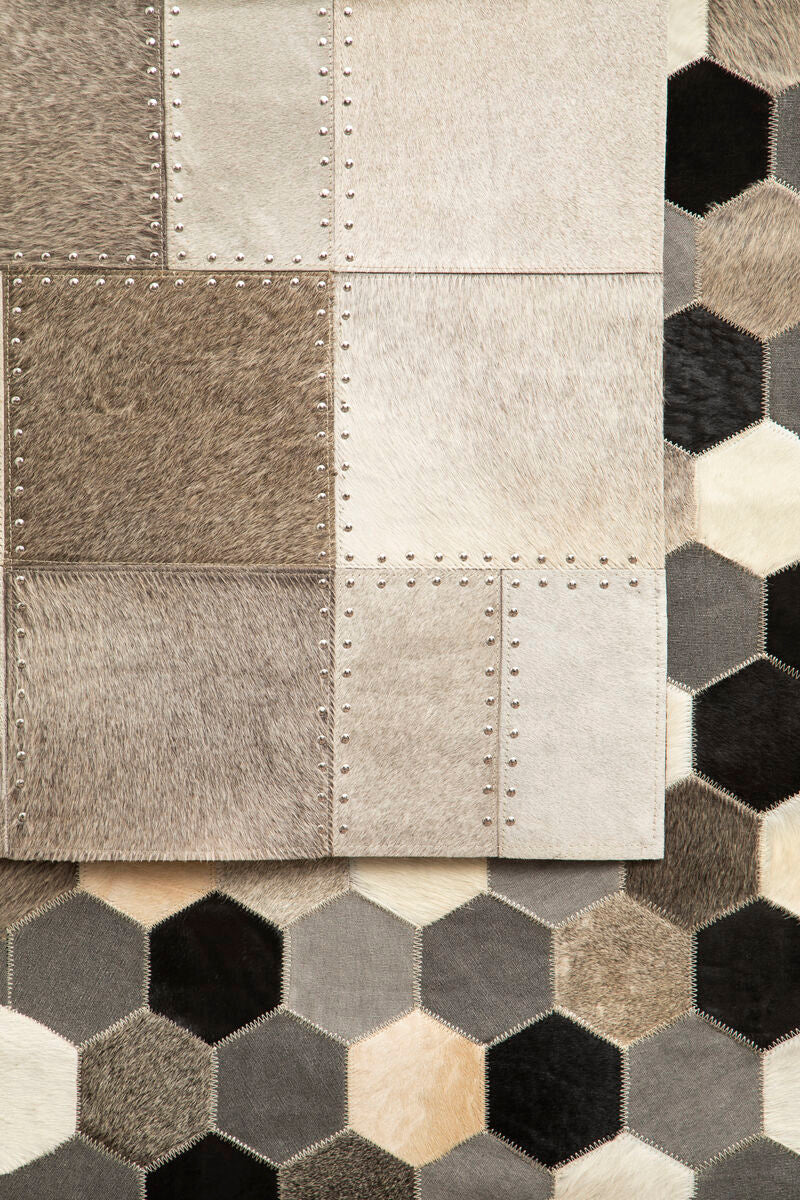 Bosie Small Grey Hair on Leather Patchwork Rug | Safira