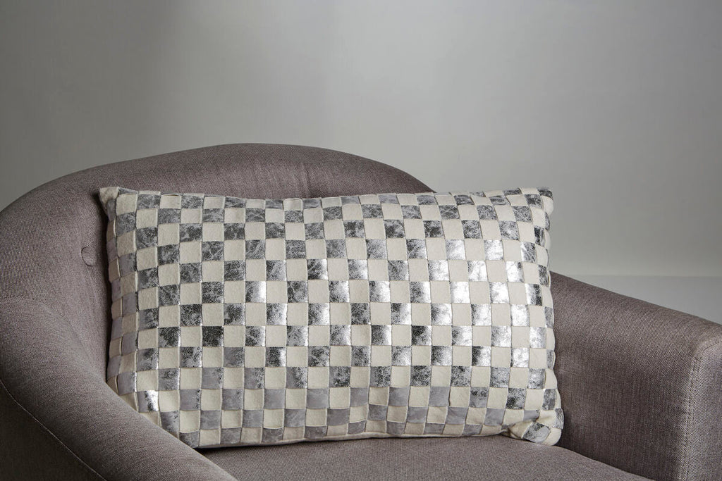 Bosie Rectangular Ivory and Silver Check Cushion | Kensington Townhouse