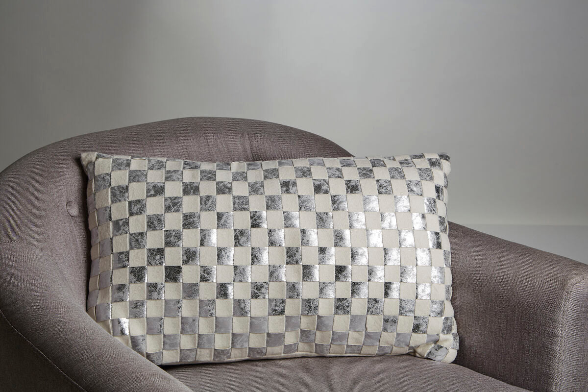 Bosie Rectangular Ivory and Silver Check Cushion | Kensington Townhouse