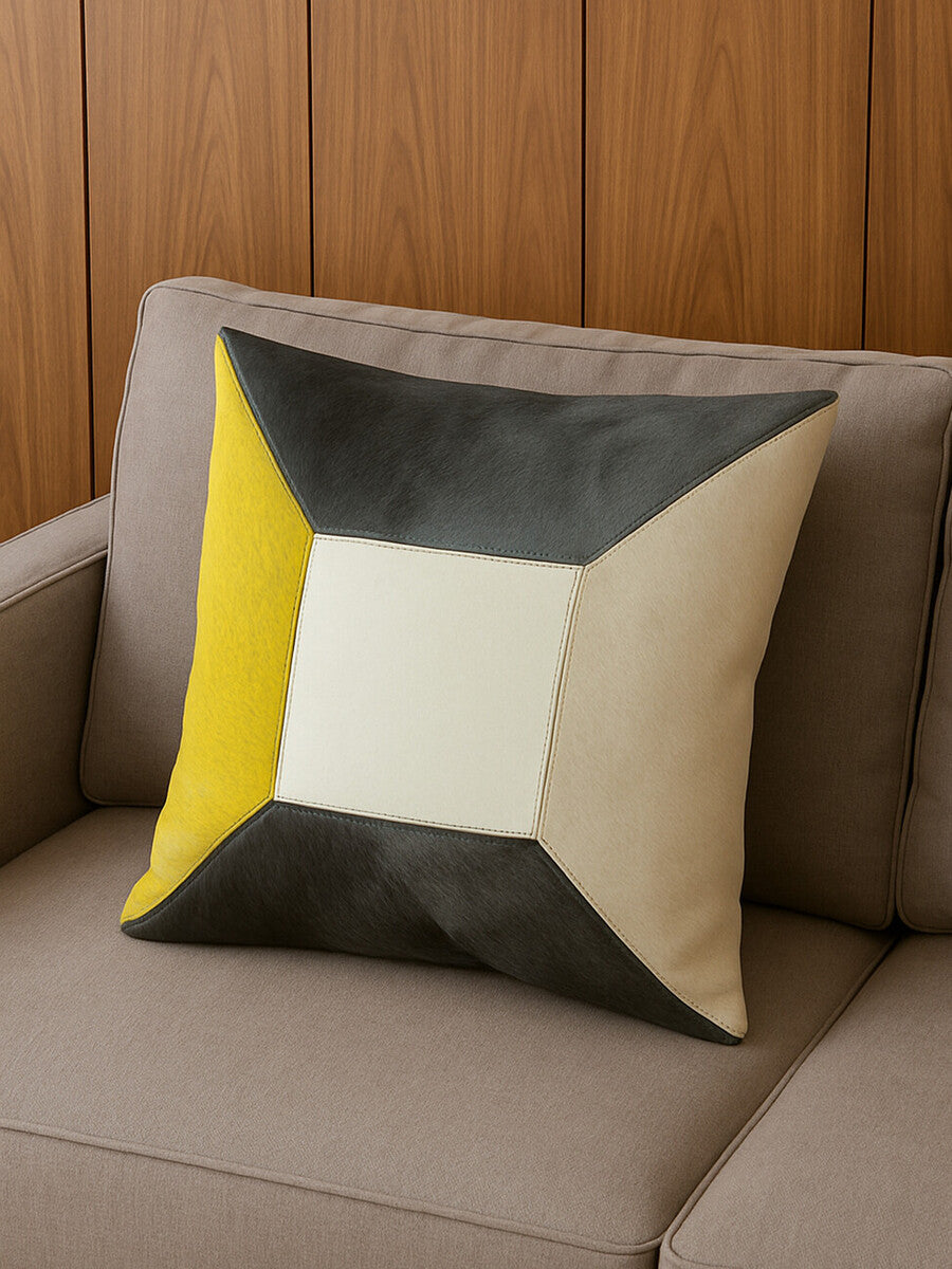 Bosie Geometric Hair on Leather Patchwork Cushion | Safira