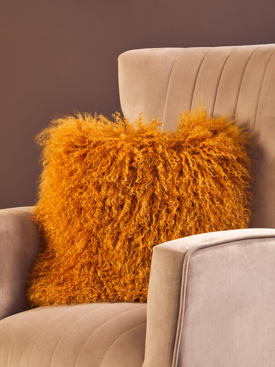 Bosie Real Fur Ochre Square Cushion | Mongolian