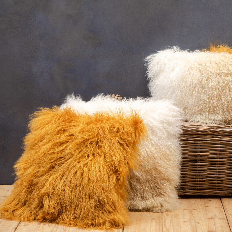 Bosie Real Fur Ochre Rectangular Cushion | Mongolian