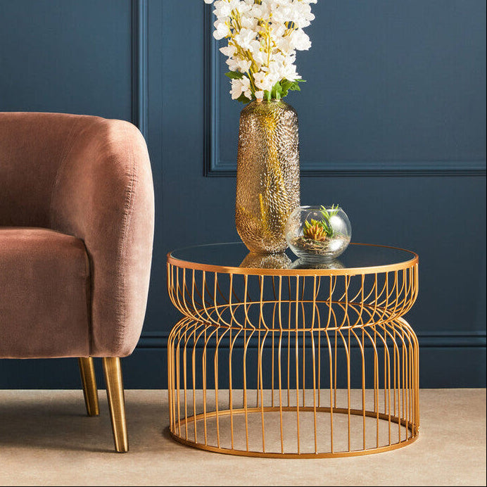 Round Gold Wireframe Side Table with Mirrored Top | Avantis