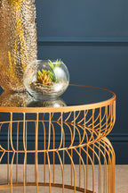 Round Gold Wireframe Side Table with Mirrored Top | Avantis