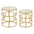 Set of 2 Glass Round Top Side Tables with Gold Metal Rectangular Sections Frame | Avantis
