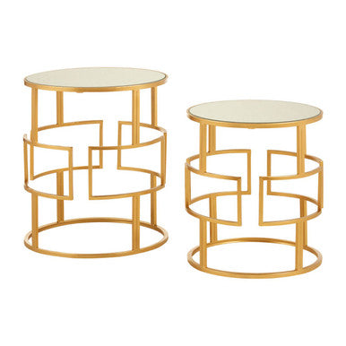 Set of 2 Glass Round Top Side Tables with Gold Metal Rectangular Sections Frame | Avantis