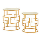 Set of 2 Glass Round Top Side Tables with Gold Metal Rectangular Sections Frame | Avantis