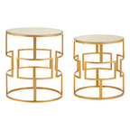 Set of 2 Glass Round Top Side Tables with Gold Metal Rectangular Sections Frame | Avantis
