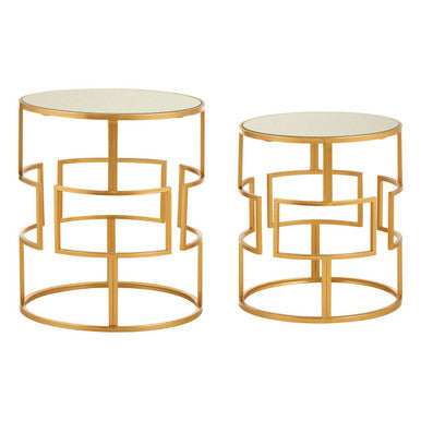 Set of 2 Glass Round Top Side Tables with Gold Metal Rectangular Sections Frame | Avantis