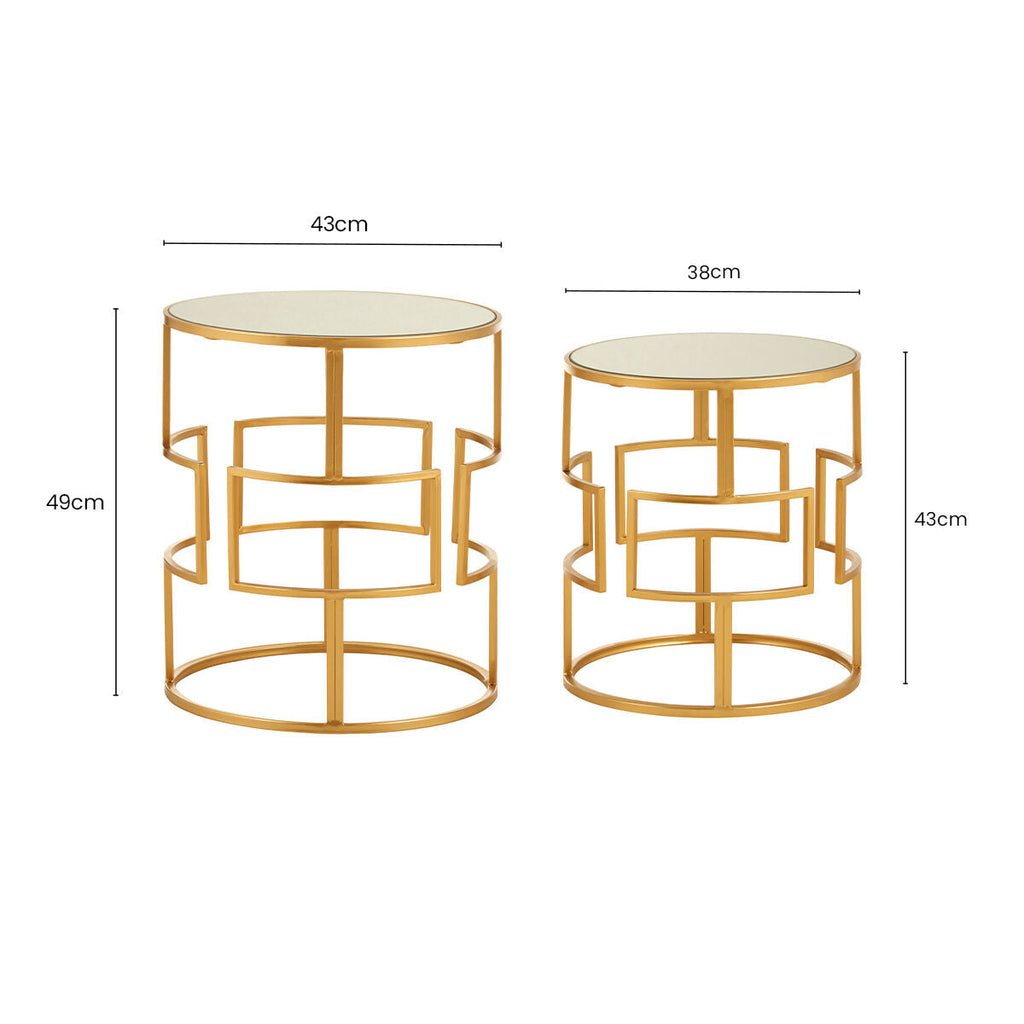 Set of 2 Glass Round Top Side Tables with Gold Metal Rectangular Sections Frame | Avantis