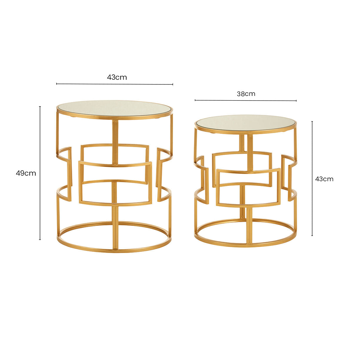 Set of 2 Glass Round Top Side Tables with Gold Metal Rectangular Sections Frame | Avantis