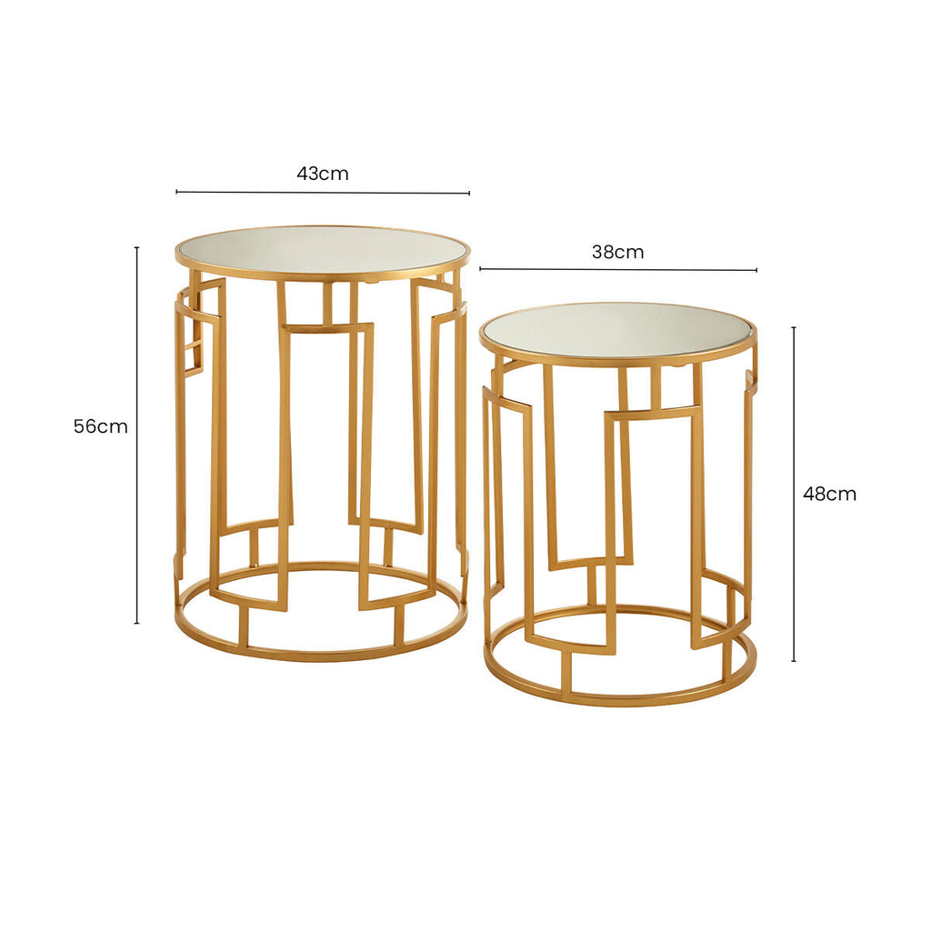 Set of 2 Gold Mirrored Top Round Side Tables with Gold Metal Frame | Avantis