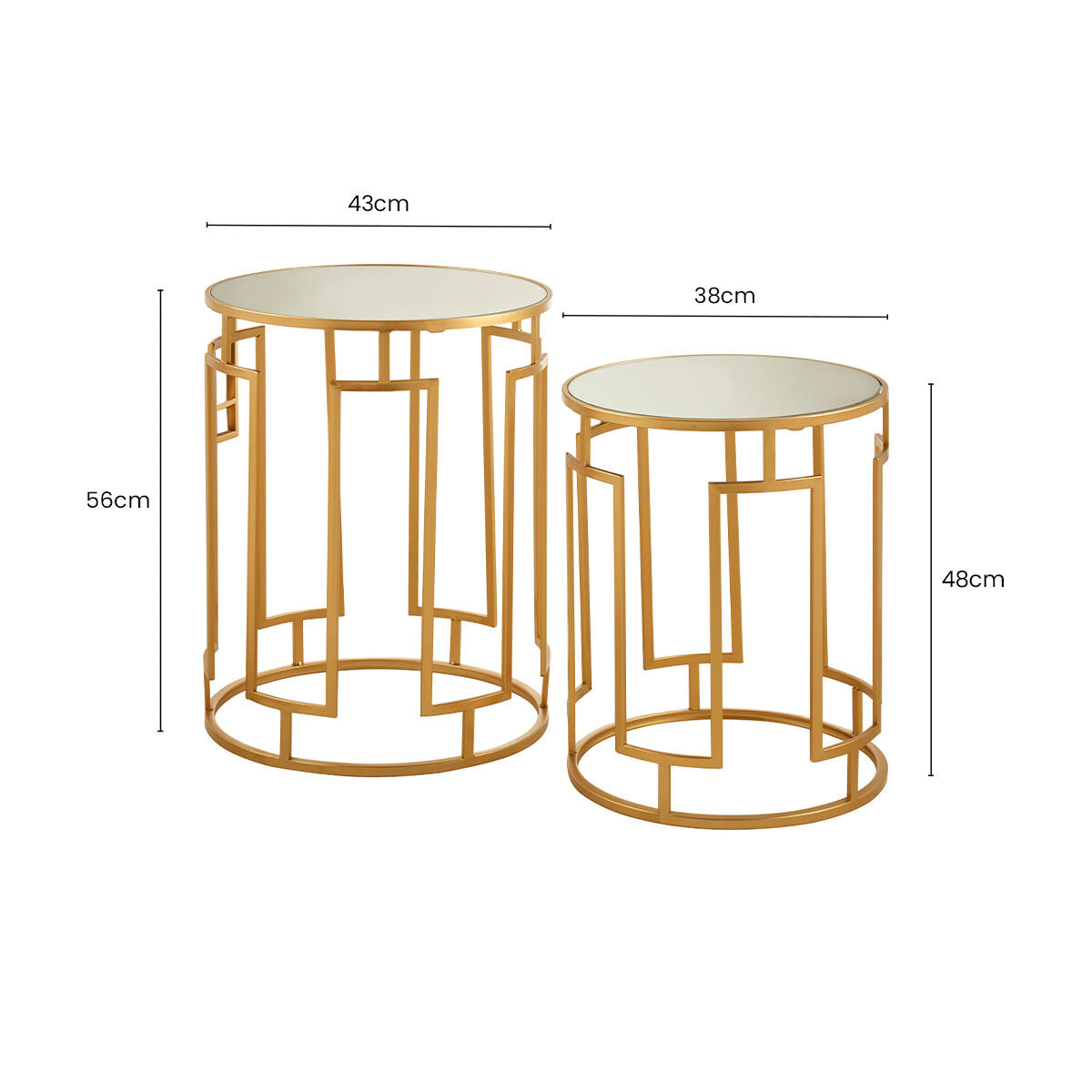 Set of 2 Gold Mirrored Top Round Side Tables with Gold Metal Frame | Avantis