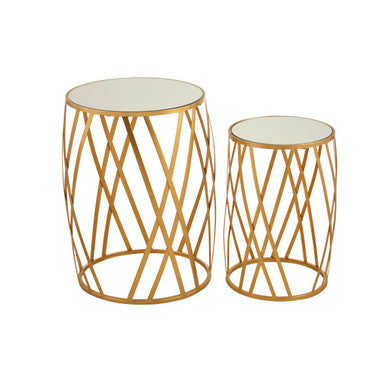 Set of 2 Gold Mirrored Glass Top Side Tables with Gold Metal Cross Design Frame | Avantis