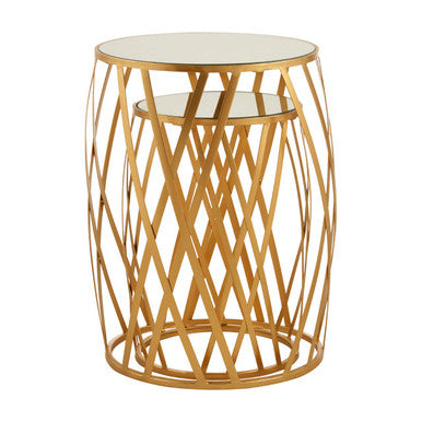 Set of 2 Gold Mirrored Glass Top Side Tables with Gold Metal Cross Design Frame | Avantis