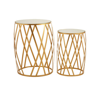 Set of 2 Gold Mirrored Glass Top Side Tables with Gold Metal Cross Design Frame | Avantis