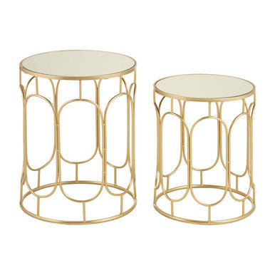 Set of 2 Mirrored Glass Top Nesting Side Tables with Gold Champagne Metal Frame | Avantis