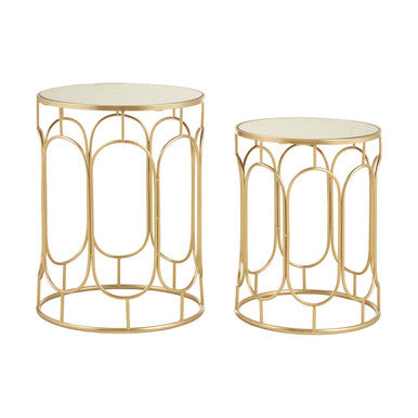 Set of 2 Mirrored Glass Top Nesting Side Tables with Gold Champagne Metal Frame | Avantis