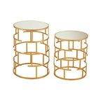 Set of 2 Mirrored Glass Top and Gold Maze Design Base Side Tables | Avantis