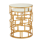 Set of 2 Mirrored Glass Top and Gold Maze Design Base Side Tables | Avantis