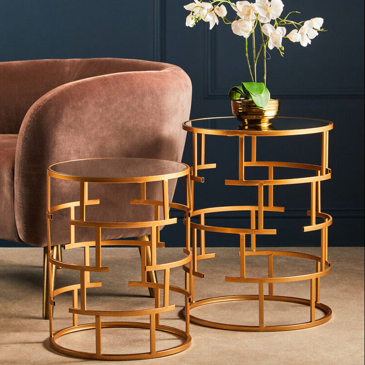 Set of 2 Mirrored Glass Top and Gold Maze Design Base Side Tables | Avantis