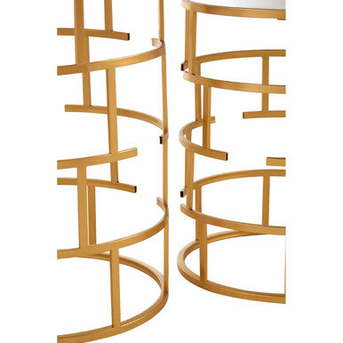 Set of 2 Mirrored Glass Top and Gold Maze Design Base Side Tables | Avantis