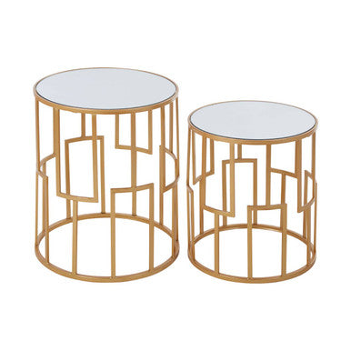 Set of 2 White Mirrored Glass Top and Gold Metal Frame Round Side Tables | Avantis