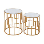 Set of 2 White Mirrored Glass Top and Gold Metal Frame Round Side Tables | Avantis