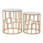 Set of 2 White Mirrored Glass Top and Gold Metal Frame Round Side Tables | Avantis