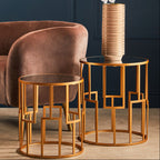 Set of 2 White Mirrored Glass Top and Gold Metal Frame Round Side Tables | Avantis