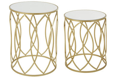 Set of 2 Mirrored Glass Top and Gold Champagne Finish Metal Frame Side Tables | Avantis