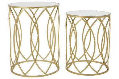 Set of 2 Mirrored Glass Top and Gold Champagne Finish Metal Frame Side Tables | Avantis