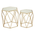 Set of 2 Gold Hexagonal Mirrored Top Side Tables with Gold Metal Frame | Avantis