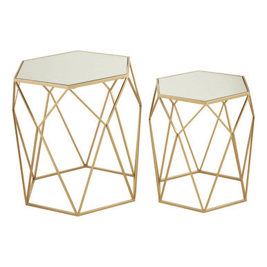 Set of 2 Gold Hexagonal Mirrored Top Side Tables with Gold Metal Frame | Avantis