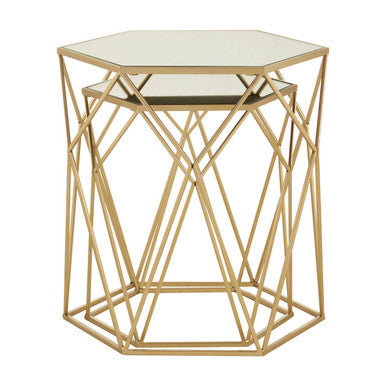Set of 2 Gold Hexagonal Mirrored Top Side Tables with Gold Metal Frame | Avantis