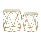 Set of 2 Gold Hexagonal Mirrored Top Side Tables with Gold Metal Frame | Avantis